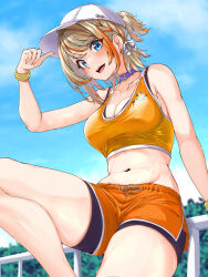 Rule 34 | 1girl, absurdres, alternate costume, baseball cap, belt, belt collar, bike shorts, bike shorts under shorts, black shorts, blue eyes, blue sky, blush, bow, braid, breasts, cleavage, cloud, collar, commentary request, commission, day, endo yohane, feet out of frame, hair bow, hat, high ponytail, highres, light brown hair, looking at viewer, medium bangs, medium breasts, midriff, multicolored hair, nanashi inc., navel, open mouth, orange hair, orange shorts, orange sports bra, purple belt, second-party source, short hair, short ponytail, shorts, skeb commission, sky, smile, solo, sports bra, touri sei, two-tone hair, virtual youtuber, white bow, white hat, wristband