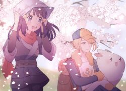 Rule 34 | 1boy, 1girl, absurdres, akari (pokemon), backpack, bag, black hair, blonde hair, brown bag, cherry blossoms, closed mouth, creatures (company), falling petals, game freak, gen 4 pokemon, hat, head scarf, highres, hika oo7, japanese clothes, long hair, long sleeves, nintendo, open mouth, petals, pokemon, pokemon (creature), pokemon legends: arceus, red scarf, scarf, togekiss, volo (pokemon)