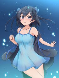 Rule 34 | 1girl, adapted costume, bare shoulders, black hair, blue dress, blue eyes, blue ribbon, breasts, collarbone, commentary request, cosplay, cowboy shot, dress, hair between eyes, hair ribbon, head wings, highres, kemono friends, looking at viewer, medium breasts, no panties, parted lips, ribbon, see-through, shiraha maru, short hair, skyfish (kemono friends), skyfish (kemono friends) (cosplay), sleeveless, sleeveless dress, solo, spaghetti strap, superb bird-of-paradise (kemono friends), wings