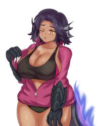 Rule 34 | 1girl, ;o, animal hands, breasts, claws, cleavage, collarbone, commentary, cowboy shot, dark-skinned female, dark skin, english commentary, fiery tail, fins, fire, head fins, highres, jacket, large breasts, lizard tail, monster girl, monster girl encyclopedia, nav (itsnav), navel, one eye closed, open clothes, open jacket, purple fire, purple hair, red eyes, salamander (monster girl encyclopedia), short hair, simple background, solo, sweat, tail, tank top, thick thighs, thighs, white background