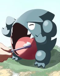 Rule 34 | 1other, absurdres, commentary request, creatures (company), closed eyes, game freak, gen 4 pokemon, gible, highres, holding, holding toothbrush, nintendo, open mouth, pokemon, pokemon (creature), sharp teeth, standing, suchi (fsur7444), teeth, toes, tongue, toothbrush