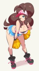 Rule 34 | 1girl, baseball cap, blue eyes, breasts, brown hair, cheerleader, cleavage, creatures (company), curly hair, game freak, hat, high ponytail, highres, hilda (pokemon), holding, holding pom poms, large breasts, long hair, midriff, miniskirt, nac000, nintendo, pokemon, pokemon bw, pom pom (cheerleading), pom poms, sidelocks, simple background, skirt, solo, white background