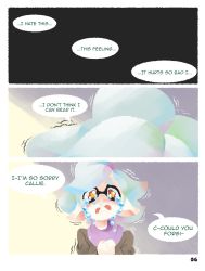Rule 34 | 2girls, 3d rod!, black hair, callie (splatoon), comic, cousins, crying, crying with eyes open, english text, highres, inkling, marie (splatoon), multiple girls, nintendo, pale skin, pointy ears, silver hair, snot, splatoon (series), splatoon 1, tears, tentacle hair, yellow eyes