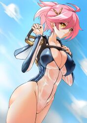 Rule 34 | 1girl, ass, breasts, cleavage, deekei, highres, large breasts, one-piece swimsuit, original, ponytail, solo, swimsuit, thighs, tohno amane (deekei), wet, wet clothes