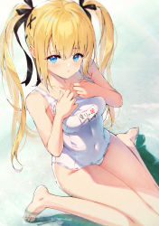 Rule 34 | 1girl, absurdres, bare shoulders, barefoot, blonde hair, blue eyes, blush, bow, breasts, closed mouth, collarbone, commentary request, covered navel, dead or alive, dead or alive 5, dead or alive xtreme, fingernails, hair bow, hair ornament, hands on own chest, hands up, highres, long hair, marie rose, medium breasts, michie sticker, one-piece swimsuit, simple background, sitting, solo, swimsuit, thighs, toes, twintails, wariza, water, wet, white one-piece swimsuit, x hair ornament