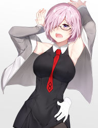 Rule 34 | 1girl, absurdres, black-framed eyewear, blush, fate/grand order, fate (series), glasses, hair over one eye, highres, looking at viewer, mash kyrielight, mono (mono mon), necktie, open mouth, pantyhose, pink hair, purple eyes, red neckwear