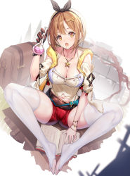 Rule 34 | 1girl, atelier (series), atelier ryza, atelier ryza 1, backpack, bag, beret, book, breasts, brick wall, bridal legwear, brown eyes, brown gloves, brown hair, cleavage, collarbone, commentary request, flask, full body, gloves, hair ornament, hairclip, hat, highres, holding, jacket, jewelry, large breasts, leather belt, looking at viewer, navel, necklace, no shoes, open book, open clothes, open jacket, open mouth, red shorts, reisalin stout, ririko (zhuoyandesailaer), round-bottom flask, shirt, short shorts, short sleeves, shorts, single glove, sitting, sleeveless, sleeveless jacket, solo, spread legs, star (symbol), star necklace, thighhighs, thighs, white background, white hat, white shirt, white thighhighs, yellow jacket