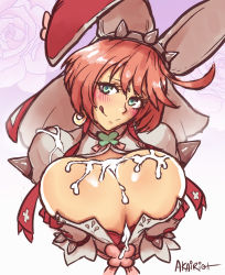 Rule 34 | 1girl, :q, aftersex, ahoge, akairiot, bad id, bad pixiv id, blue eyes, blush, breast lift, breasts squeezed together, breasts, bursting breasts, cleavage, cleavage cutout, clothing cutout, clover, cum, cum on body, cum on breasts, cum on upper body, elphelt valentine, female focus, four-leaf clover, gloves, guilty gear, guilty gear xrd, hairband, head tilt, highres, huge ahoge, huge breasts, large breasts, licking lips, looking at viewer, pink hair, short hair, solo, spikes, tongue, tongue out, uncensored