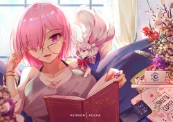 Rule 34 | 1girl, adjusting eyewear, asymmetrical bangs, book, bow, bracelet, breasts, cellphone, coffee cup, couch, creature, cup, disposable cup, faicha, fate/grand order, fate (series), flower, fou (fate), glasses, hair over one eye, heart, heart necklace, jewelry, large breasts, looking at viewer, mash kyrielight, necklace, open mouth, patreon username, phone, pink hair, purple eyes, reading, red bow, ring, see-through, see-through shirt, short hair, smartphone, sports bra