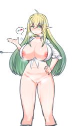 Rule 34 | 1girl, absurdres, ahoge, blonde hair, blush, bottomless, breasts, choker, closed mouth, elf, elven forest maker, elven forest maker (last origin), gluteal fold, green eyes, heart, heart-shaped pupils, heart in eye, highres, huge breasts, inverted nipples, last origin, long hair, navel, nipples, no bra, pointy ears, pussy, revealing clothes, shirt, simple background, solo, standing, symbol-shaped pupils, symbol in eye, thighs, tied shirt, uncensored, user erkx2328, white background