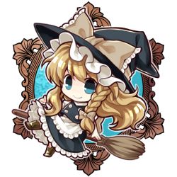 Rule 34 | &gt;:), 1girl, apron, blonde hair, blue eyes, boots, bow, braid, broom, broom riding, chibi, full body, hat, hat bow, kirisame marisa, long hair, looking at viewer, single braid, skirt, skirt set, smile, socha, solo, touhou, transparent background, turtleneck, v-shaped eyebrows, vest, wavy hair, witch hat