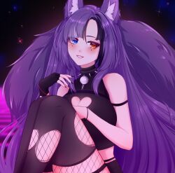 Rule 34 | 1girl, absurdres, animal ear fluff, animal ears, awful queen (vtuber), bell, black nails, breasts, cleavage, cleavage cutout, clothing cutout, fox ears, fox girl, fox tail, haharii, heart cutout, heterochromia, highres, indie virtual youtuber, large breasts, looking at viewer, monster girl, neck bell, purple hair, solo, tail, virtual youtuber