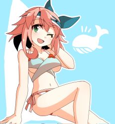 Rule 34 | 1girl, ;d, bikini, blue background, blush, breasts, cel shading, commentary request, commission, corrupted twitter file, dairi, feet out of frame, green eyes, grey bikini, hand in own hair, highres, invisible chair, knee up, looking at viewer, medium breasts, navel, notice lines, okunoda miyoi, one eye closed, open mouth, outline, pink hair, second-party source, short hair, sitting, skeb commission, smile, solo, swimsuit, touhou, white bikini, white outline, zashiki-warashi
