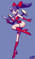 Rule 34 | blue eyes, blue hair, breasts, energy gun, gloves, gun, high heels, holding, holding gun, holding weapon, jetpack, large breasts, leg up, leotard, looking to the side, lowres, mabius, open mouth, original, pixel art, ray gun, red gloves, skin tight, solo, weapon