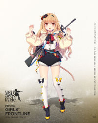 Rule 34 | 1girl, artist request, assault rifle, blouse, cat tail, character name, copyright name, fang, full body, girls&#039; frontline, gradient background, gun, hair ribbon, headband, highres, legs apart, light brown hair, official art, open mouth, orange eyes, ribbon, rifle, shirt, solo, standing, sweater, t65 (girls&#039; frontline), tail, thighhighs, v-shaped eyebrows, wavy hair, weapon, weapon on back, white shirt, white thighhighs