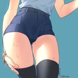 Rule 34 | 1girl, arm at side, artist name, black thighhighs, blue background, blue shirt, bracelet, c3momo, cameltoe, contrapposto, cropped torso, dated, fingernails, gluteal fold, high-waist shorts, high waisted pants, jewelry, lower body, original, shirt, shorts, solo, standing, sweat, thighhighs