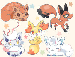 Rule 34 | :3, alolan form, alolan vulpix, animal, animal focus, animal hands, blush, brown hair, closed eyes, closed mouth, commentary request, creatures (company), fang, fennekin, fox, game freak, gen 1 pokemon, gen 6 pokemon, gen 7 pokemon, gen 8 pokemon, hair between eyes, hisuian zorua, kana (maple926), lying, nickit, nintendo, no humans, on stomach, open mouth, pointy nose, pokemon, pokemon (creature), red eyes, simple background, sitting, star (symbol), vulpix, yellow eyes