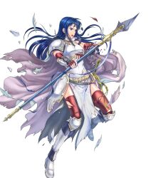 Rule 34 | 1girl, armor, blue eyes, blue hair, breastplate, cape, elbow gloves, fire emblem, fire emblem: the blazing blade, fire emblem heroes, full body, gloves, highres, holding, holding polearm, holding weapon, isadora (fire emblem), long hair, nintendo, non-web source, official art, pelvic curtain, polearm, shoulder armor, solo, sword, takaya tomohide, vambraces, weapon, white cape