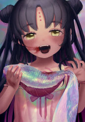 Rule 34 | 1girl, abstract background, animal, bare shoulders, black hair, blood, blood on face, bracelet, double bun, eyelashes, facepaint, fangs, fate/grand order, fate (series), fingernails, fish, food, hair bun, half-closed eyes, hatching (texture), highres, holding, holding animal, holding food, jewelry, kaita (mokamilkcup), long hair, multicolored hair, open mouth, pink ribbon, purple hair, ribbon, scales, sessyoin kiara, sessyoin kiara (lily), smeared blood, solo, teeth, tongue, twitter username, yellow eyes