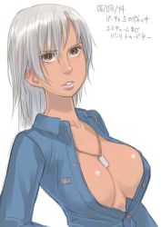 Rule 34 | 1girl, breasts, brown eyes, cleavage, dark skin, dark-skinned female, jewelry, necklace, open clothes, open shirt, shirt, solo, vanessa lewis, white hair, zenkou