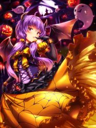 Rule 34 | 1girl, ahoge, bare shoulders, bat (animal), bat wings, black gloves, black wings, blush, bow, candle, dress, elbow gloves, fire, fujino (yoshi9798174), ghost, gloves, halloween, hand up, highres, horns, jack-o&#039;-lantern, long hair, low twintails, open mouth, orange bow, pink eyes, pumpkin, purple hair, solo, spider web print, twintails, vocaloid, voiceroid, wings, yuzuki yukari
