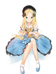 Rule 34 | 1girl, abigail williams (animejapan 2018) (fate), abigail williams (fate), absurdres, ankle lace-up, bare shoulders, beret, black bow, black hat, blonde hair, blue bow, blue dress, blue eyes, blue footwear, blush, bobby socks, bow, closed mouth, collarbone, commentary request, cross-laced footwear, dress, fate/grand order, fate (series), forehead, hair bow, hat, highres, holding, holding stuffed toy, long hair, official alternate costume, parted bangs, simple background, sitting, sleeveless, sleeveless dress, smile, socks, solo, stuffed animal, stuffed toy, teddy bear, very long hair, white background, white socks, yukaa