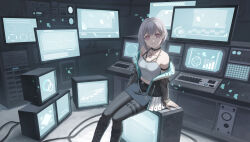 Rule 34 | 1girl, arm strap, bang dream!, bang dream! it&#039;s mygo!!!!!, black choker, black footwear, black jacket, black pantyhose, boots, chinese commentary, choker, closed mouth, commentary request, highres, jacket, keyboard (computer), knee boots, looking at viewer, monitor, off shoulder, open clothes, open jacket, pantyhose, pink eyes, purple hair, shirt, sitting, solo, takamatsu tomori, television, thigh strap, white shirt, wire, xukong