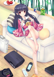 Rule 34 | 1girl, barefoot, black hair, blush, controller, couch, feet, female focus, fred0092, game console, game controller, gamepad, handheld game console, highres, houraisan kaguya, legs, long hair, lying, no pants, on back, panties, playstation 2, playstation 3, playstation portable, playstation vita, red bull, red eyes, sega mega drive, smile, solo, toes, touhou, underwear, very long hair, white panties, xbox 360