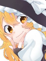 Rule 34 | 1girl, black gloves, black hat, black vest, blonde hair, blouse, bow, close-up, closed mouth, commentary request, eringi (rmrafrn), fingerless gloves, from side, gloves, hair between eyes, hat, hat bow, highres, kirisame marisa, looking at viewer, portrait, shirt, simple background, smile, solo, touhou, upper body, vest, white background, white bow, white shirt, witch hat, yellow eyes