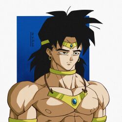 Rule 34 | 1990s (style), 1boy, absurdres, armlet, black hair, broly (dragon ball z), choker, closed mouth, dragon ball, dragonball z, earrings, half-closed eyes, highres, hydeover9000, jewelry, male focus, muscular, muscular male, necklace, retro artstyle, solo, tiara, upper body
