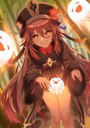 1girl bare_legs brown_coat brown_hair brown_hat brown_shorts chinese_clothes coat commentary_request facing_viewer flower flower-shaped_pupils genshin_impact ghost grin hat highres hu_tao_(genshin_impact) kishiro_(mameyamu_matu) plum_blossoms porkpie_hat red_eyes short_shorts shorts smile solo symbol-shaped_pupils tailcoat teeth twintails