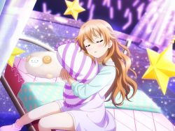 Rule 34 | 1girl, artist name, artist request, bare legs, bed, blush, brown hair, closed eyes, collarbone, female focus, grey hair, highres, holding, holding pillow, konoe kanata, light brown hair, long hair, love live!, love live! school idol festival, love live! school idol project, on bed, pajamas, parted lips, pillow, sitting, solo, star (symbol)