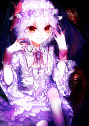 Rule 34 | 1girl, adapted costume, alternate costume, ascot, bat wings, blood, bow, dress, fingernails, frills, hat, hat bow, jewelry, kneehighs, kumatangent, long sleeves, mob cap, nail, nail polish, purple hair, red eyes, remilia scarlet, ring, short hair, sitting, smile, socks, solo, throne, touhou, white socks, wide sleeves, wings, wrist cuffs
