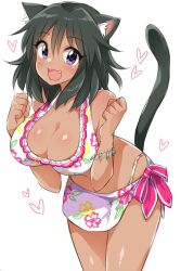 1girl :3 animal_ear_fluff animal_ears bare_shoulders bikini blush bow bow_bikini bracelet breasts cat_ears cat_tail cleavage clenched_hands collarbone cowboy_shot dark-skinned_female dark_skin dot_nose fake_animal_ears fake_tail fang floral_print_bikini frilled_bikini frills hands_up heart idolmaster idolmaster_cinderella_girls idolmaster_cinderella_girls_starlight_stage jewelry large_breasts leaning_forward looking_at_viewer natalia_(idolmaster) open_mouth pink_bow purple_eyes sarong short_hair side-tie_bikini_bottom simple_background smile solo standing swimsuit tail trente white_background white_bikini white_sarong