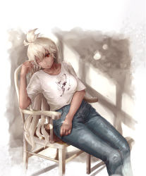 Rule 34 | 1girl, absurdres, ahoge, alternate costume, blue pants, blush, breasts, casual, collarbone, commentary request, contemporary, dark-skinned female, dark skin, denim, granblue fantasy, grey hair, highres, jeans, junkichi gbf, large breasts, long hair, looking at viewer, on chair, one eye closed, pants, red eyes, shadow, shirt, sitting, smile, solo, t-shirt, very long hair, white background, white shirt, zooey (granblue fantasy)
