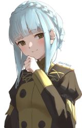 Rule 34 | 1girl, blue hair, braid, brown eyes, closed mouth, crown braid, fire emblem, fire emblem: three houses, long sleeves, marianne von edmund, nintendo, simple background, skeptycally, smile, solo, twitter username, uniform, upper body, white background