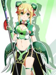 Rule 34 | 1girl, akatsuki kirika, armor, black shorts, blonde hair, blush, breasts, chinese clothes, cleavage, closed mouth, elbow gloves, faulds, fingerless gloves, gloves, green eyes, green gloves, hair between eyes, hair ornament, headgear, looking at viewer, medium breasts, midriff, navel, pelvic curtain, polearm, senki zesshou symphogear, senki zesshou symphogear xd unlimited, shiny skin, short hair, short sleeves, shorts, solo, standing, suka (gn0000i), symphogear pendant, thigh strap, weapon