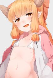 Rule 34 | 1girl, bad id, bad twitter id, bikini, bikini top only, bow, collarbone, fangs, flat chest, hair bow, hands in pockets, highres, horns, ibuki suika, inactive account, looking at viewer, navel, nishiuri, no panties, open clothes, open shirt, orange eyes, orange hair, ribs, solo, swimsuit, touhou
