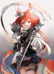 Rule 34 | 1girl, :d, absurdres, animal ears, arknights, armor, black gloves, black shirt, black skirt, blurry, commentary, dated, depth of field, ear covers, earpiece, flametail (arknights), gauntlets, gloves, grey background, hand up, highres, holding, holding sword, holding weapon, looking at viewer, luan teng, open mouth, pleated skirt, red eyes, red hair, shirt, short hair with long locks, signature, skirt, smile, solo, squirrel ears, squirrel girl, squirrel tail, sword, symbol-only commentary, tail, thigh strap, weapon