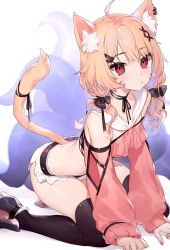 Rule 34 | 1girl, :&lt;, absurdres, ahoge, all fours, animal ear fluff, animal ears, bare shoulders, black choker, black thighhighs, blonde hair, bow, cat ears, cat girl, cat tail, choker, closed mouth, clothing cutout, collared shirt, crop top, facial mark, hair bow, hair ornament, hairclip, highres, long hair, long sleeves, looking at viewer, low twintails, micro shorts, midriff, navel, neonbeat, off shoulder, pink footwear, pink shirt, red eyes, revealing clothes, ribbon choker, shirt, shoes, short shorts, shorts, shoulder cutout, shyrei faolan, sneakers, solo, stomach, tail, tail raised, tentacles, thighhighs, thighs, twintails, vguyen, virtual youtuber, white shorts, x hair ornament