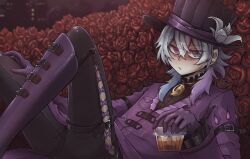 Rule 34 | 1boy, alcohol, androgynous, black pants, blue eyes, blue hair, boots, city lights, coat, drink, ear piercing, feet out of frame, flower, from side, gavis bettel, gloves, grey hair, hair between eyes, half-closed eyes, hat, hat flower, hat ribbon, heterochromia, highres, holding, holding drink, holostars, holostars english, knee boots, knees up, lace, lace-trimmed legwear, lace trim, looking at viewer, lying, male focus, multicolored hair, night, on back, outdoors, pants, phantom (gavis bettel), piercing, pink eyes, pink hair, purple coat, purple footwear, purple gloves, rainycoffeebean, red flower, ribbon, rose, solo, top hat, twitter username, virtual youtuber, white flower