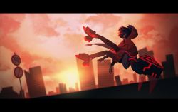 Rule 34 | 1girl, absurdres, blue hair, boots, building, capelet, cityscape, cloud, cloudy sky, dusk, flying, full body, gas mask, highres, hood, hood down, hooded capelet, jacket, kamitsubaki studio, letterboxed, mask, mecha musume, mechanical wings, multicolored eyes, multicolored hair, red hair, red jacket, rim (kamitsubaki studio), road sign, ruins, scenery, short hair, sign, sikabaneland, sky, solo, two-tone hair, virtual youtuber, wings, yellow pupils