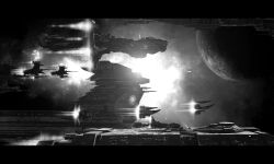 amarr_empire_(eve_online) attack_ship_(eve_online) battleship_(eve_online) caldari_state_(eve_online) capital_ship_(eve_online) carrier carrier_(eve_online) combat_ship_(eve_online) commentary dreadnought_(eve_online) electronic_warfare_ship_(eve_online) eve_online explosion fleet flying frigate_(eve_online) from_side gallente_federation_(eve_online) glowing greyscale hyperion_(eve_online) imperial_navy_(eve_online) lens_flare letterboxed monochrome navy_faction_(eve_online) nebula no_humans outdoors phoenix_(eve_online) planet raven_(eve_online) realistic scenery science_fiction space spacecraft super_capital_ship_(eve_online) supercarrier_(eve_online) support_ship_(eve_online) thrusters wyvern_(eve_online)