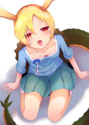 Rule 34 | 1girl, antlers, aqua skirt, blonde hair, blue shirt, blush, breasts, calf socks, cleavage, collarbone, commentary request, downblouse, dragon horns, dragon tail, eyes visible through hair, fingernails, hair between eyes, hands on floor, highres, horns, kicchou yachie, looking at viewer, looking up, miniskirt, open mouth, parted bangs, pleated skirt, red eyes, shirt, short hair, short sleeves, simple background, sitting, skirt, small breasts, solo, tail, tomoe (fdhs5855), tongue, tongue out, touhou, turtle shell, wariza, white background, white legwear