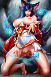 Rule 34 | 1girl, ahri (league of legends), animal ears, barefoot, beckoning, blue fire, blue hair, bottomless, breasts, detached sleeves, facial mark, feet, fire, fox ears, fox tail, full body, gradient background, highres, hitodama, huge breasts, kneeling, korean clothes, league of legends, licking lips, lips, long hair, looking at viewer, mr h.l., multiple tails, naughty face, nipples, no panties, nose, outstretched hand, perky breasts, pussy, sagging breasts, solo, tail, toes, tongue, tongue out, uncensored, whisker markings, yellow eyes