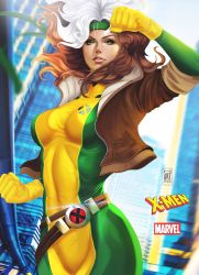 Rule 34 | 1girl, arms at sides, bad link, belt, bodysuit, boots, breasts, brown hair, cropped legs, gloves, green bodysuit, green eyes, headband, highres, jacket, lips, marvel, medium breasts, multicolored hair, profile, rogue (x-men), simple background, sketch, solo, unitard, white background, white hair, x-men