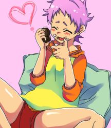 Rule 34 | 1girl, blush, casual, cream, closed eyes, food, heart, hermana larmo, pillow, pink background, pink hair, short hair, shorts, tales of (series), tales of innocence, tongue