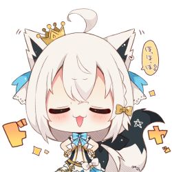 Rule 34 | 1girl, ahoge, animal ears, blush, chibi, commentary request, crown, earrings, closed eyes, facing viewer, fox ears, fox girl, fox tail, hair between eyes, hands on own hips, hololive, hololive idol uniform, jewelry, mini crown, muuran, open mouth, pentagram, shirakami fubuki, simple background, smug, solo, tail, twitter username, virtual youtuber, white background, white hair