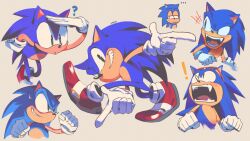 Rule 34 | !, ?, absurdres, blue fur, clenched hand, clenched teeth, collage, commentary, derivative work, english commentary, fang, gloves, green eyes, highres, looking up, red footwear, smile, sonic (series), sonic adventure, sonic the hedgehog, supsross, teeth, white gloves