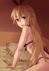 Rule 34 | 1girl, bikini, black bikini, blonde hair, breasts, brown background, cushion, fugu custom, hair between eyes, hairband, kantai collection, long hair, looking at viewer, parted lips, purple eyes, shimakaze (kancolle), simple background, sitting, small breasts, solo, swimsuit, twitter username, very long hair